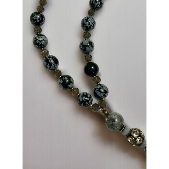 Women Silk Tassel Faceted Rhinestone & Snowflake Obsidian Necklace Boho Hippie - Picture 3 of 11
